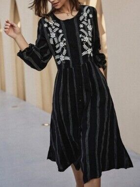 NWT - Flax-Linen Frieeah Boutique Embroidered Black Midi Shirtdress - Size XL
